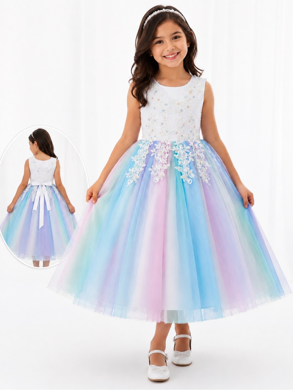 Jona Michelle Pastel Rainbow Tulle Flower Girl Dress size 6-7